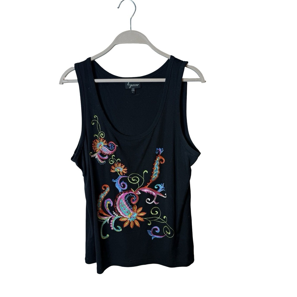 lynn ritchie sz large black‎ sleeveless tank embrodiered beaded flower paisley